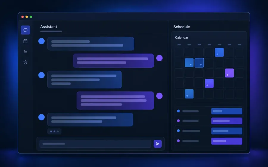 Concept preview of a dark conversational scheduling interface