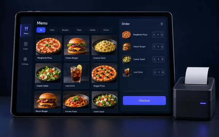Concept preview of a dark restaurant point-of-sale tablet and receipt printer